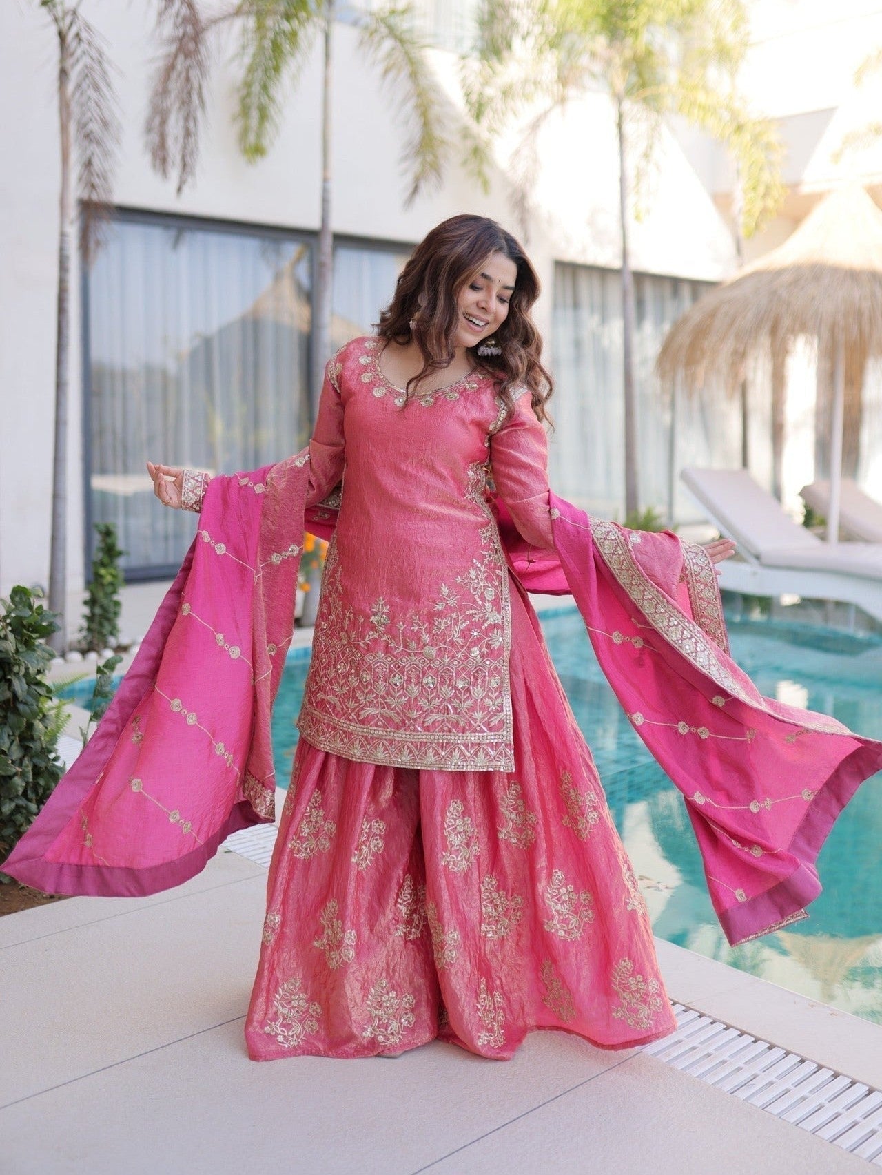 Party Wear Sharara Suit — Sky Blue & Light Pink - Courbe et Compagnie