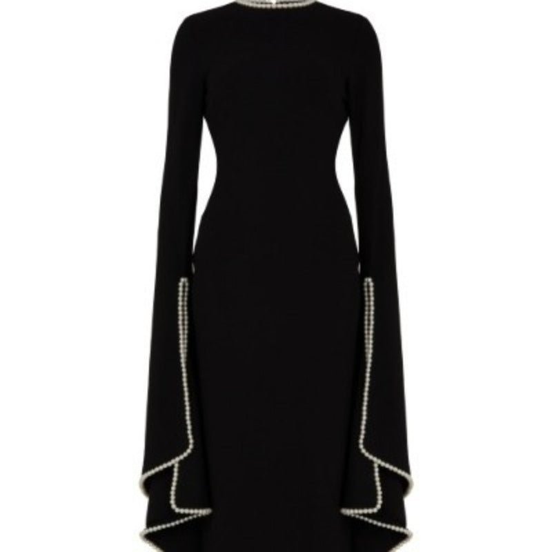Pearl-Trimmed Cape Sleeve Evening Gown | Fitted Black Maxi Dress(MA355) - Courbe et Compagnie