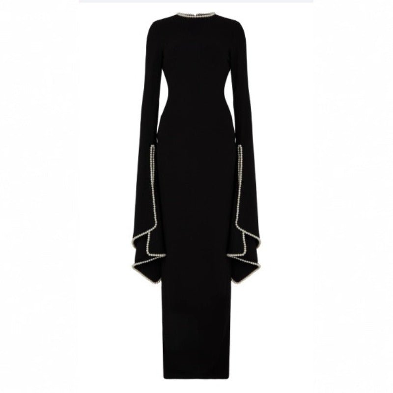 Pearl-Trimmed Cape Sleeve Evening Gown | Fitted Black Maxi Dress(MA355) - Courbe et Compagnie