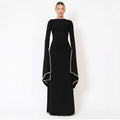 Pearl-Trimmed Cape Sleeve Evening Gown | Fitted Black Maxi Dress(MA355) - Courbe et Compagnie