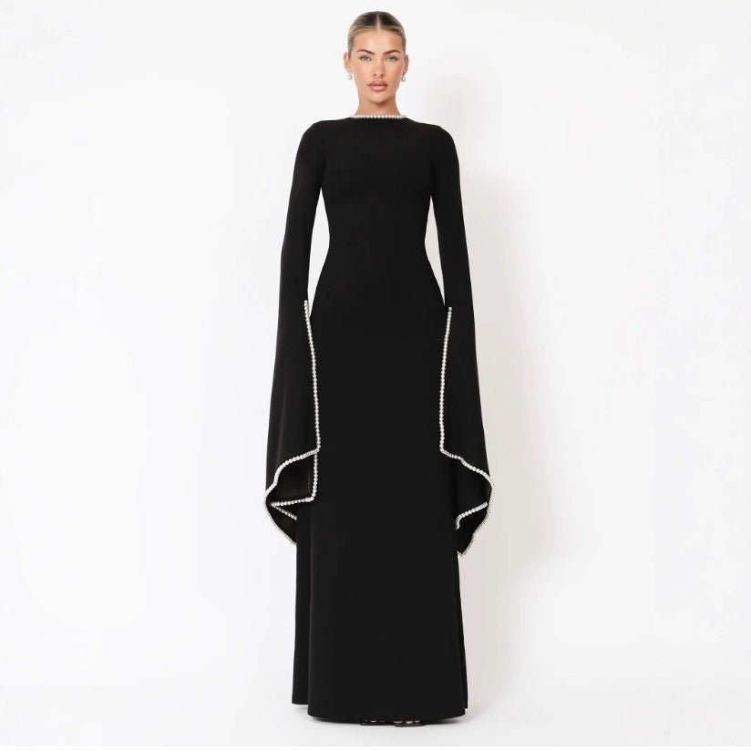 Pearl-Trimmed Cape Sleeve Evening Gown | Fitted Black Maxi Dress(MA355) - Courbe et Compagnie