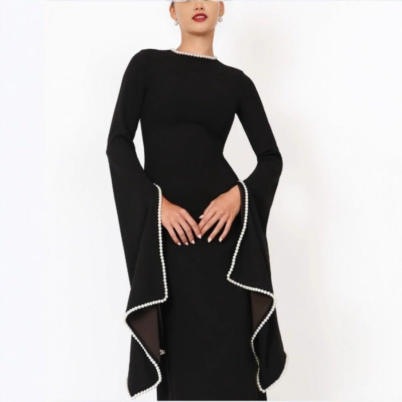 Pearl-Trimmed Cape Sleeve Evening Gown | Fitted Black Maxi Dress(MA355) - Courbe et Compagnie