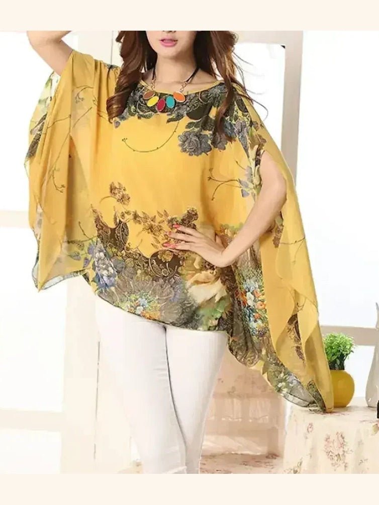 Peony Floral Top - Batwing Chiffon Blouse | Femstylo - Courbe et Compagnie