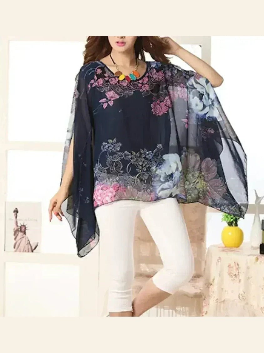 Peony Floral Top - Batwing Chiffon Blouse | Femstylo - Courbe et Compagnie