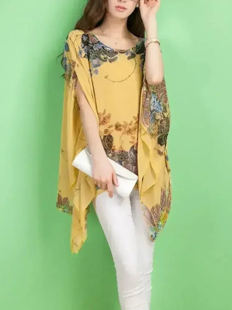 Peony Floral Top - Batwing Chiffon Blouse | Femstylo - Courbe et Compagnie