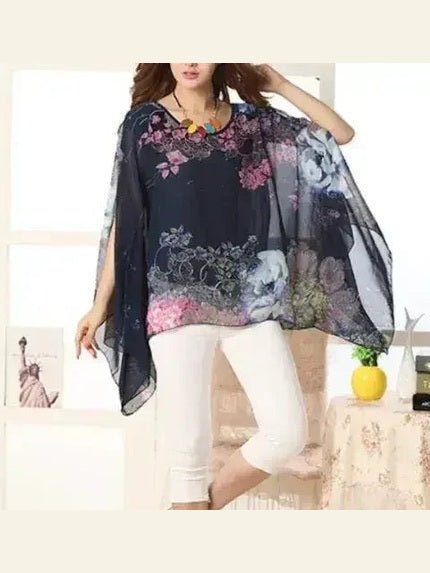 Peony Floral Top - Batwing Chiffon Blouse | Femstylo - Courbe et Compagnie