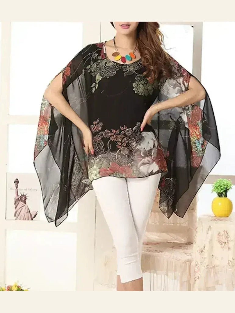 Peony Floral Top - Batwing Chiffon Blouse | Femstylo - Courbe et Compagnie