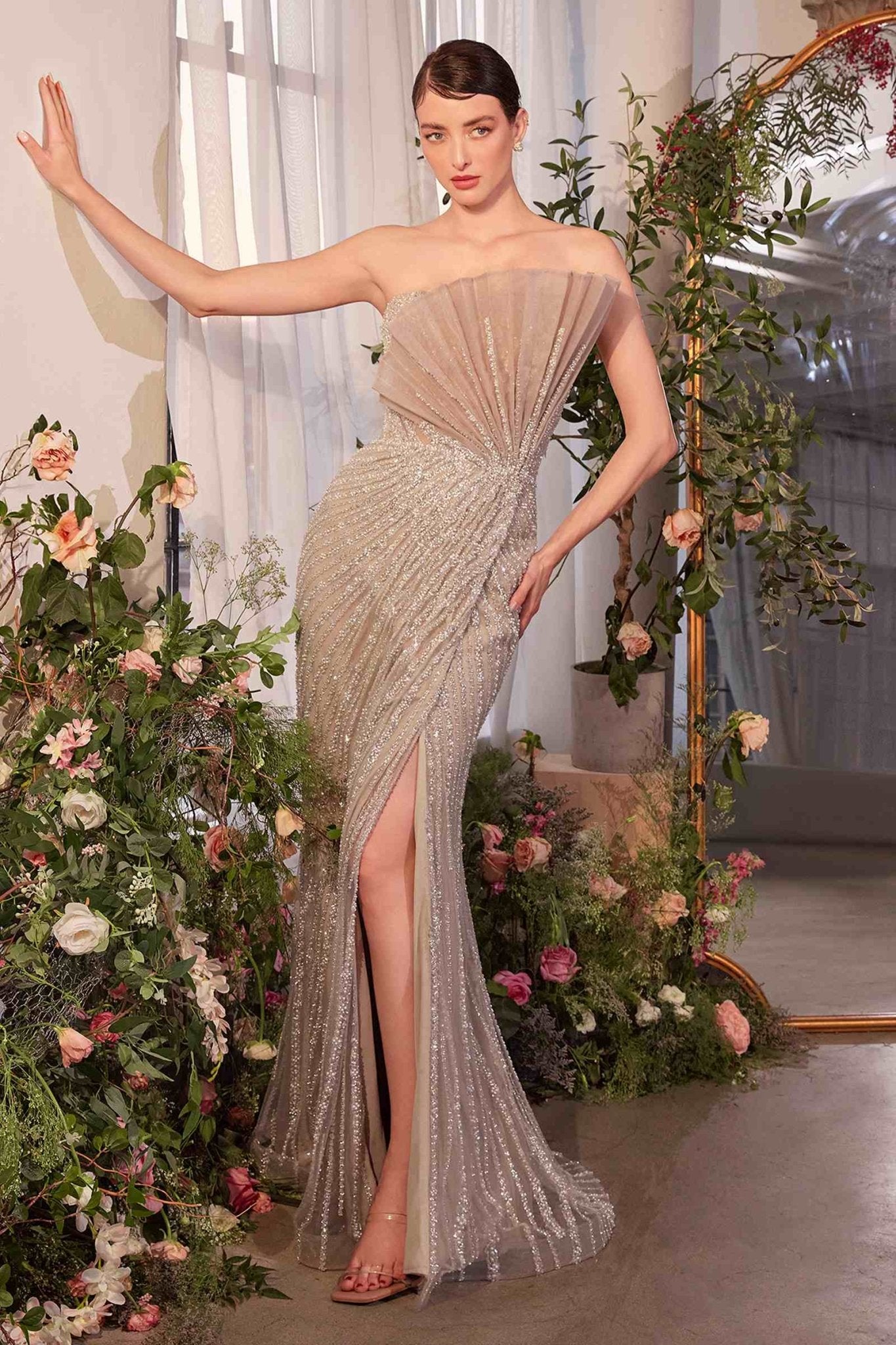 Pleated Fan Bodice Fitted Pearl Gown - Courbe et Compagnie