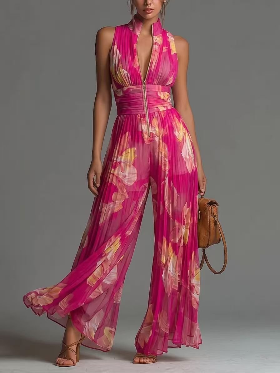 Pleated Wide-Leg Jumpsuit for Women – Sleeveless High-Waist Minimalist Long Jumpsuit - Courbe et Compagnie