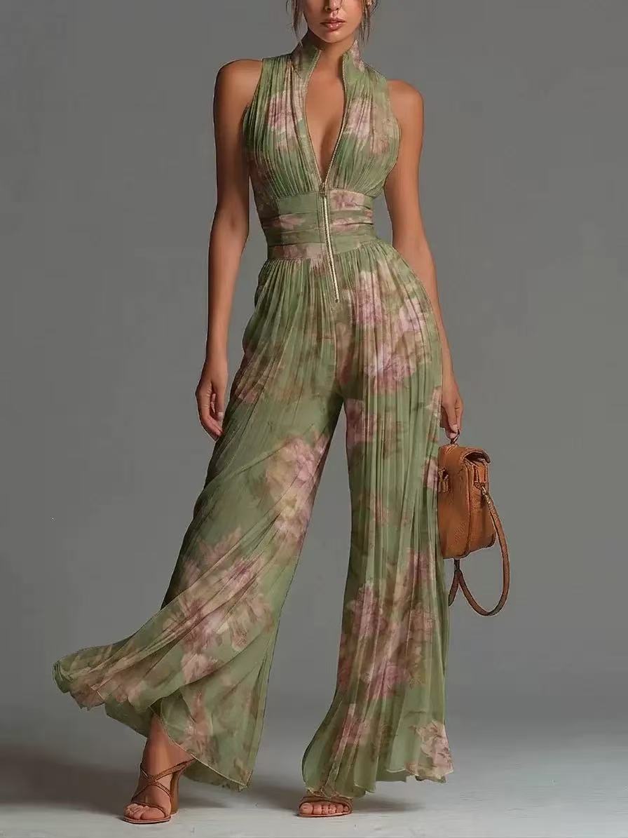 Pleated Wide-Leg Jumpsuit for Women – Sleeveless High-Waist Minimalist Long Jumpsuit - Courbe et Compagnie