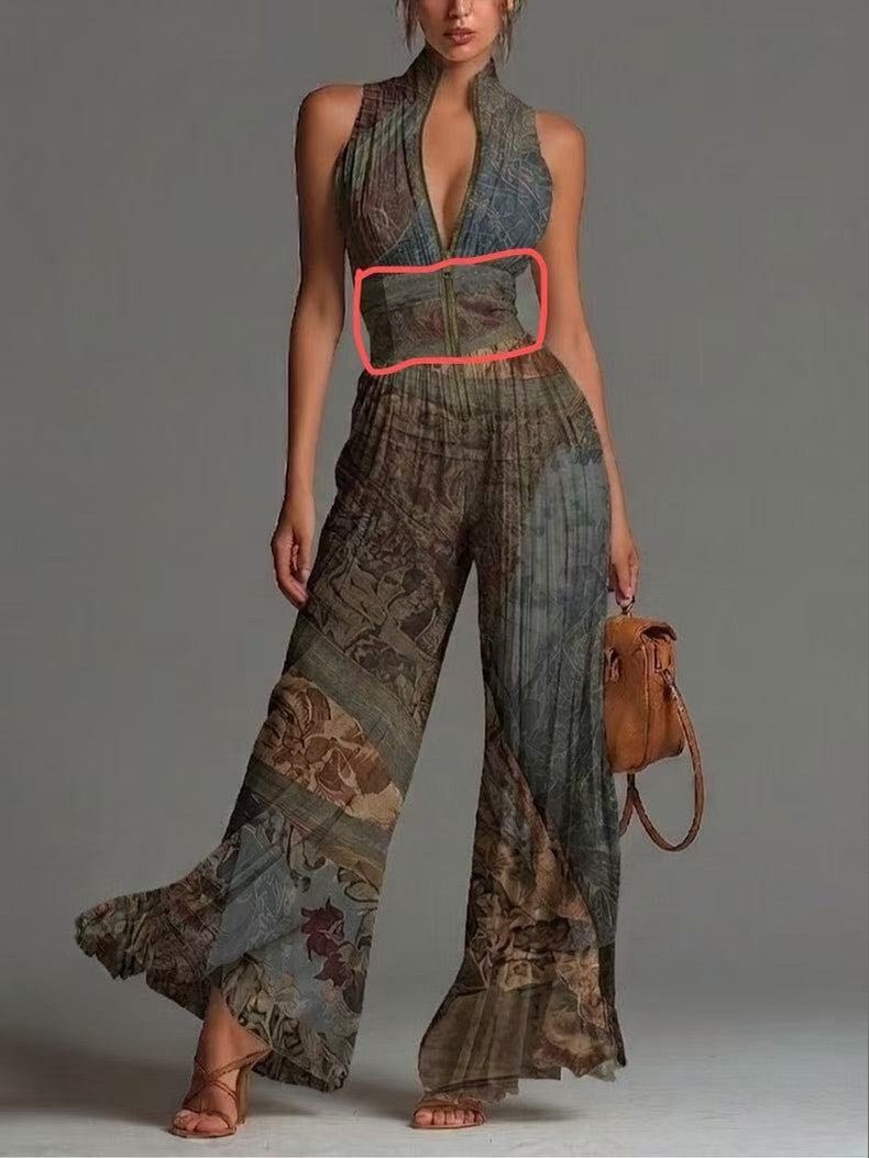 Pleated Wide-Leg Jumpsuit for Women – Sleeveless High-Waist Minimalist Long Jumpsuit - Courbe et Compagnie