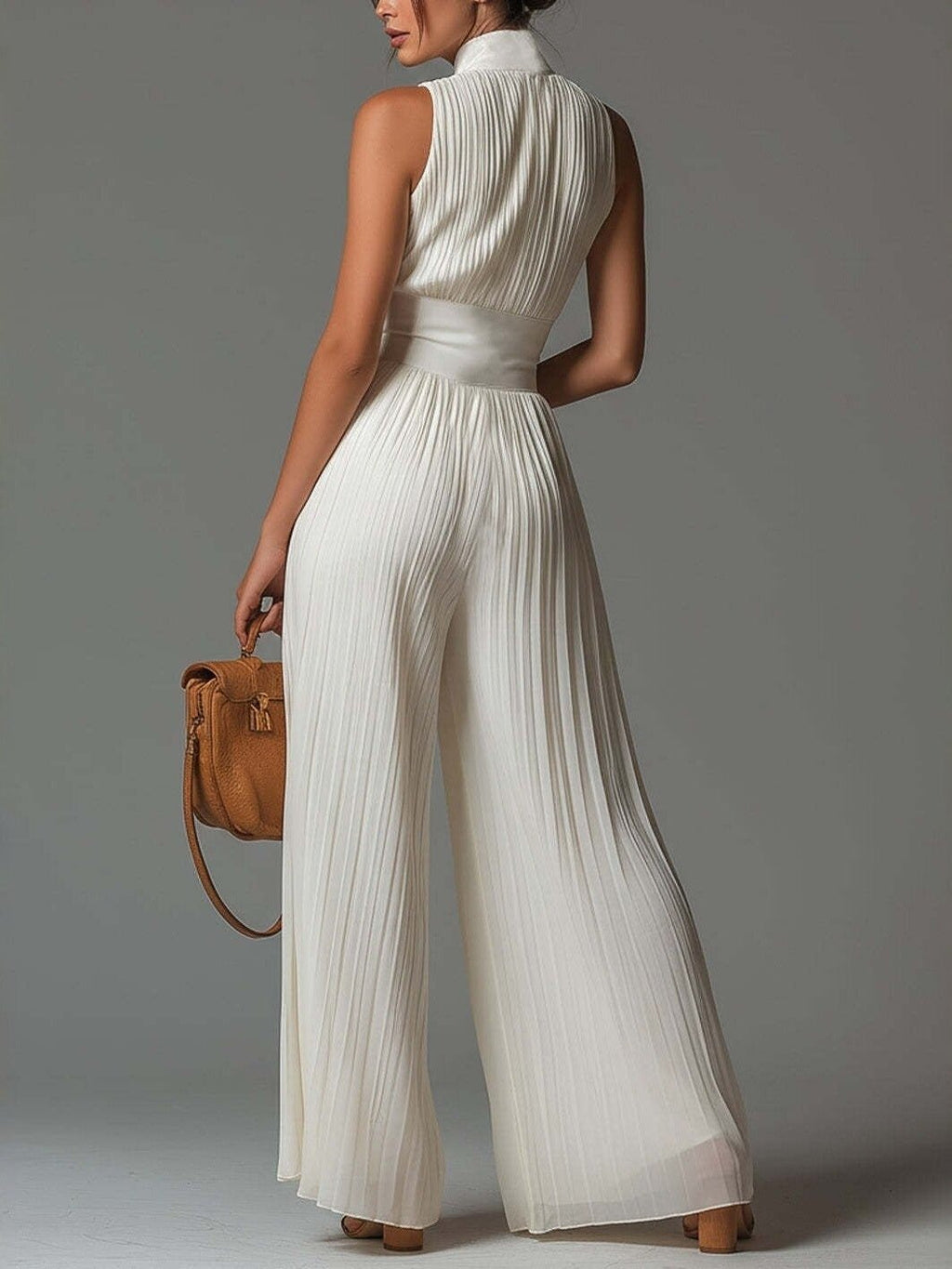 Pleated Wide-Leg Jumpsuit for Women – Sleeveless High-Waist Minimalist Long Jumpsuit - Courbe et Compagnie