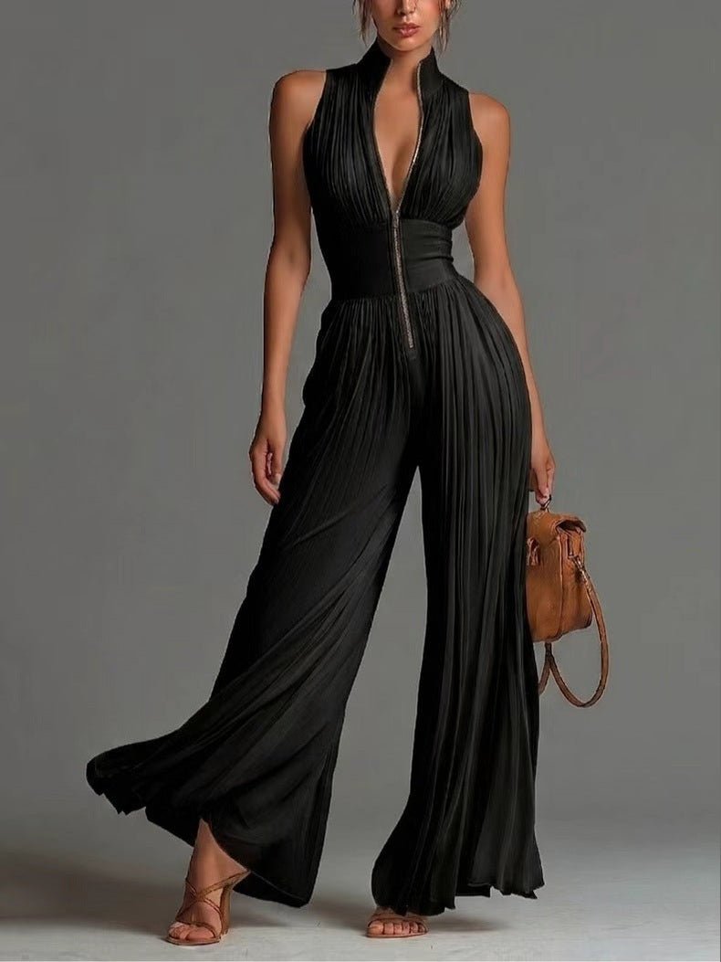 Pleated Wide-Leg Jumpsuit for Women – Sleeveless High-Waist Minimalist Long Jumpsuit - Courbe et Compagnie