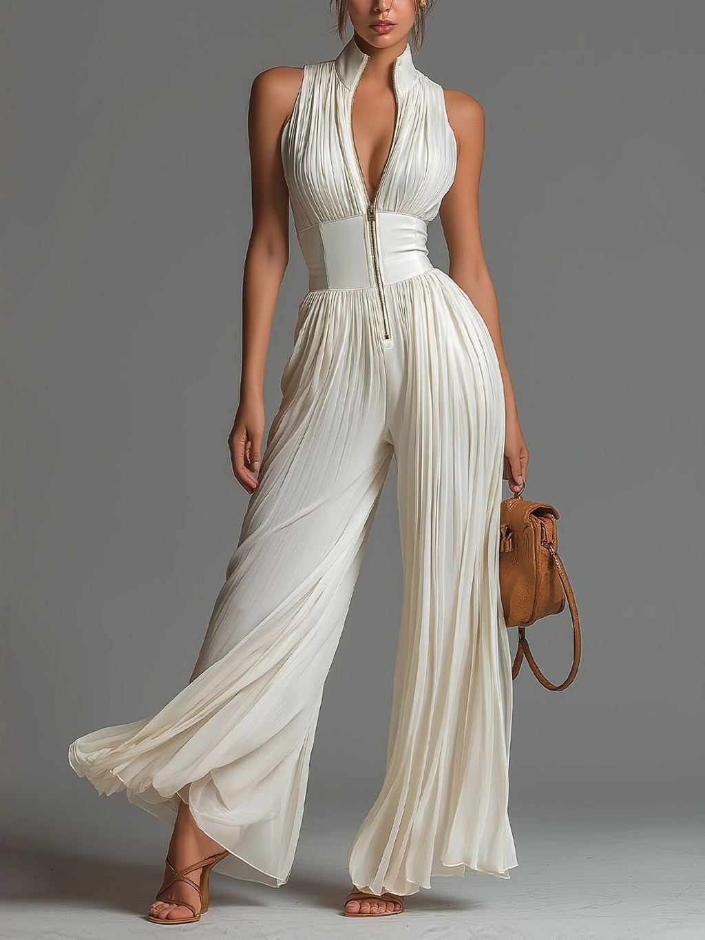 Pleated Wide-Leg Jumpsuit for Women – Sleeveless High-Waist Minimalist Long Jumpsuit - Courbe et Compagnie