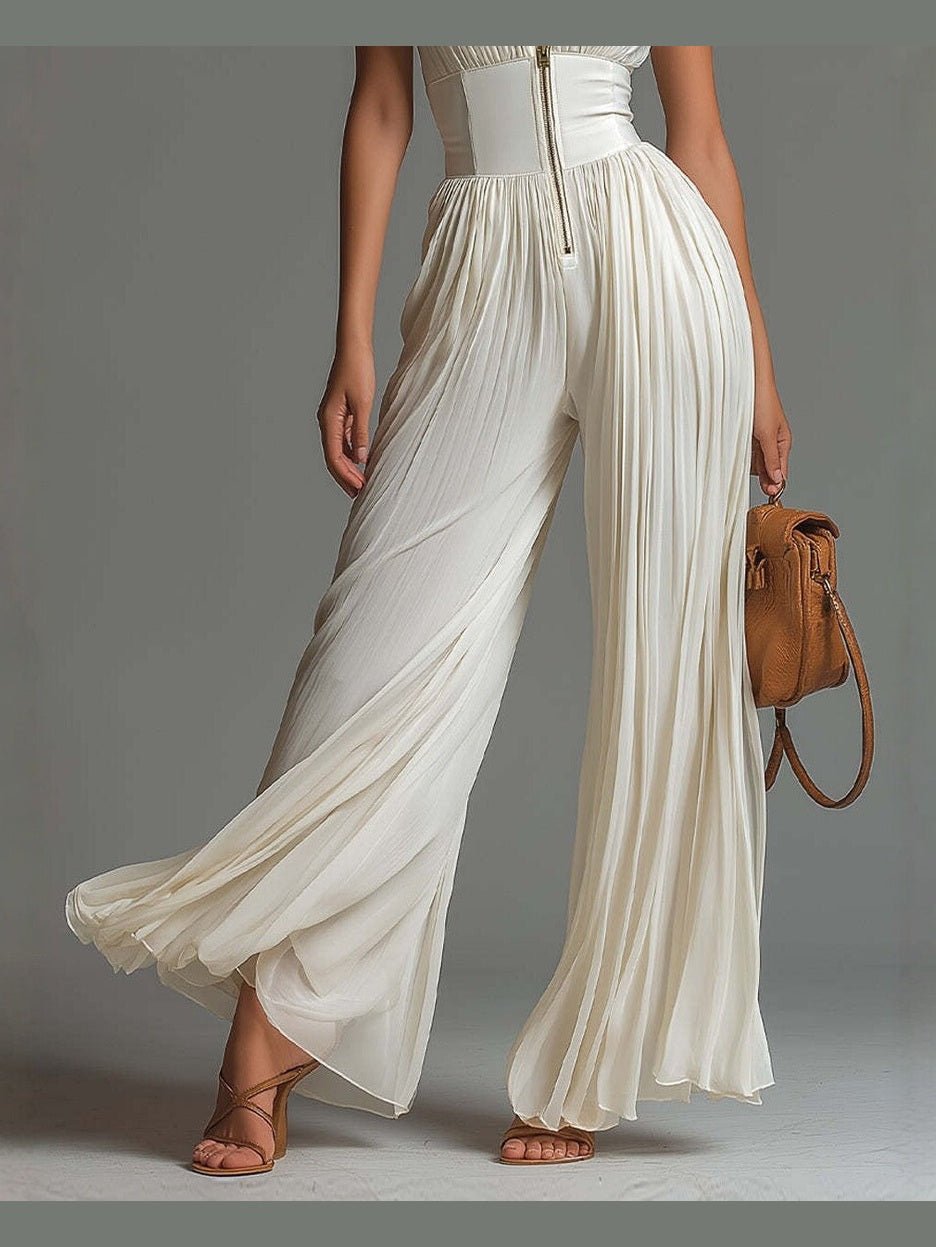 Pleated Wide-Leg Jumpsuit for Women – Sleeveless High-Waist Minimalist Long Jumpsuit - Courbe et Compagnie