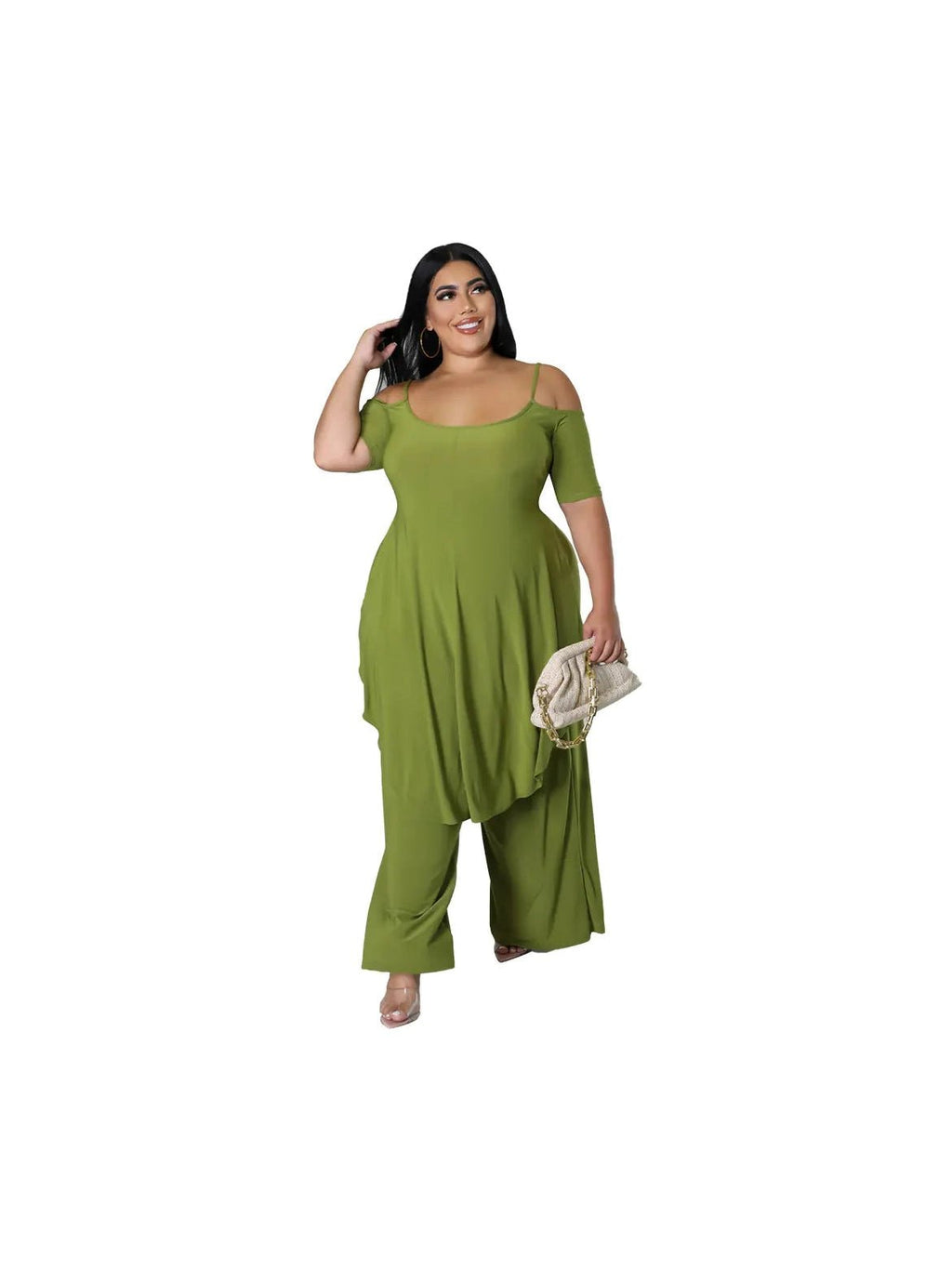 Plus Size Cold Shoulder Top & Wide Leg Pants Set - Courbe et Compagnie