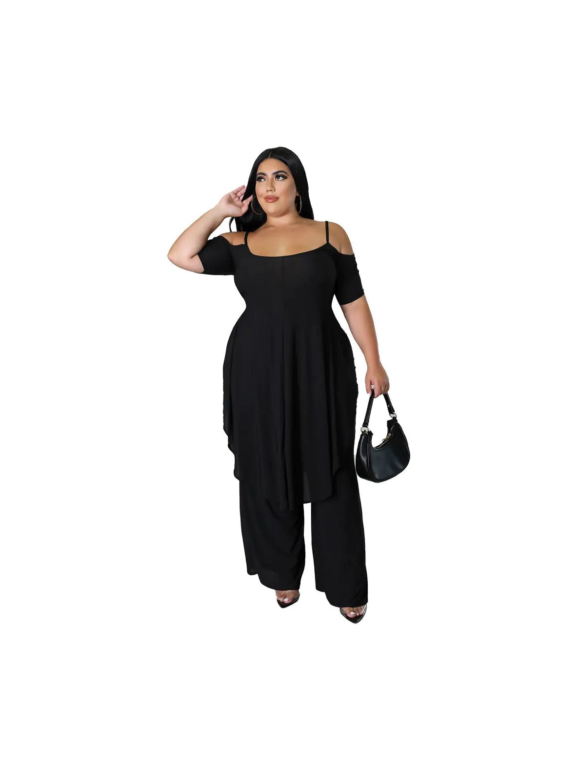 Plus Size Cold Shoulder Top & Wide Leg Pants Set - Courbe et Compagnie