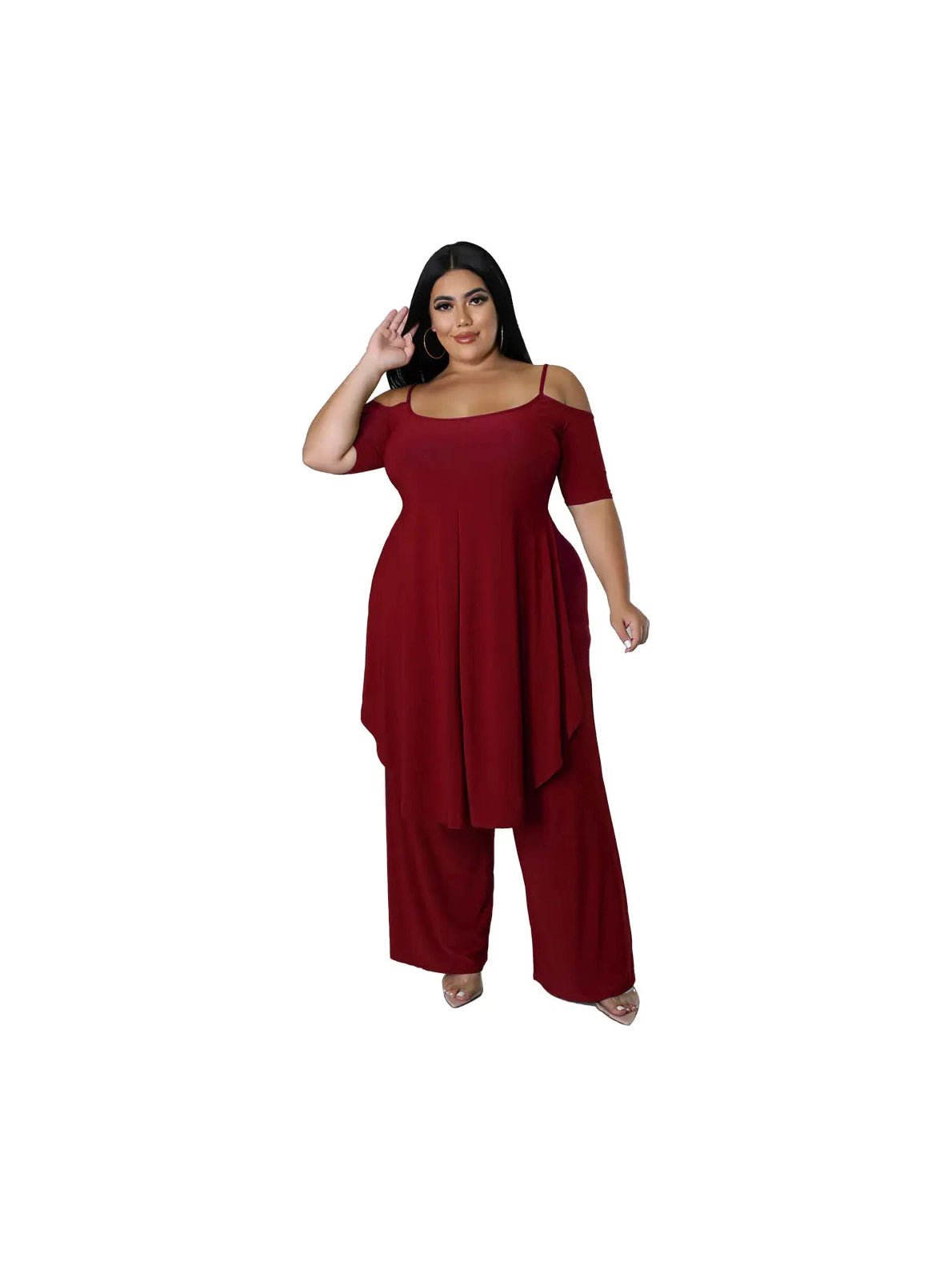 Plus Size Cold Shoulder Top & Wide Leg Pants Set - Courbe et Compagnie