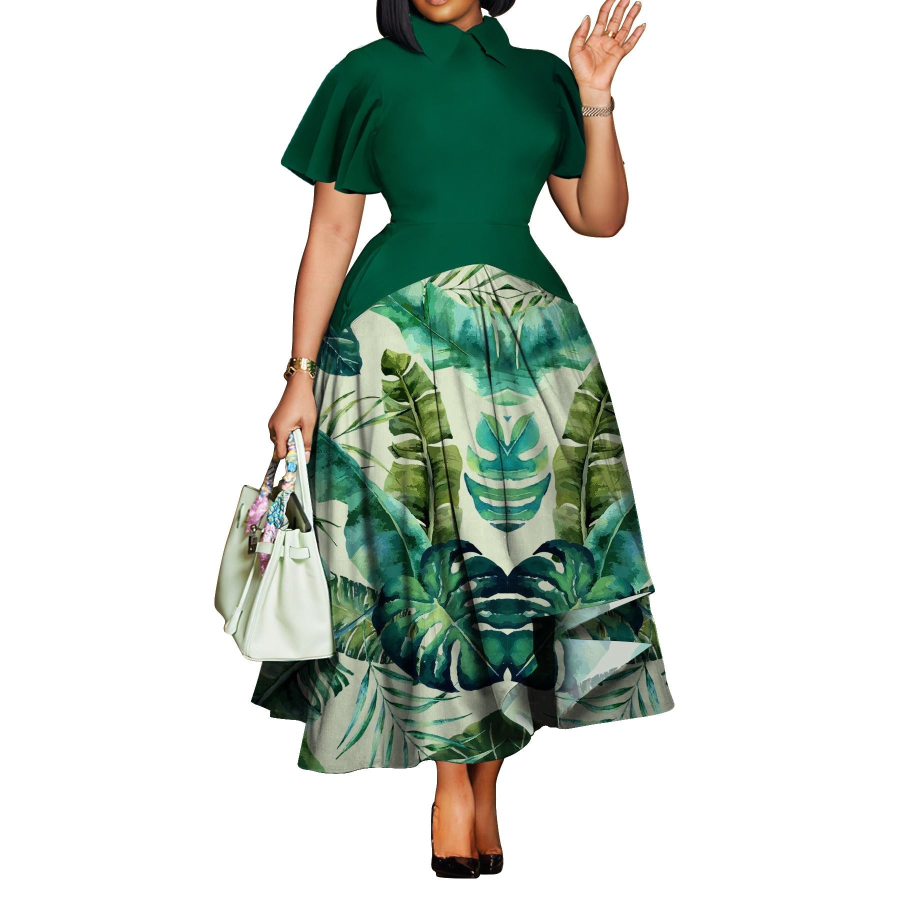 Plus Size Collared Ruffle Sleeve Swing Dress - Courbe et Compagnie