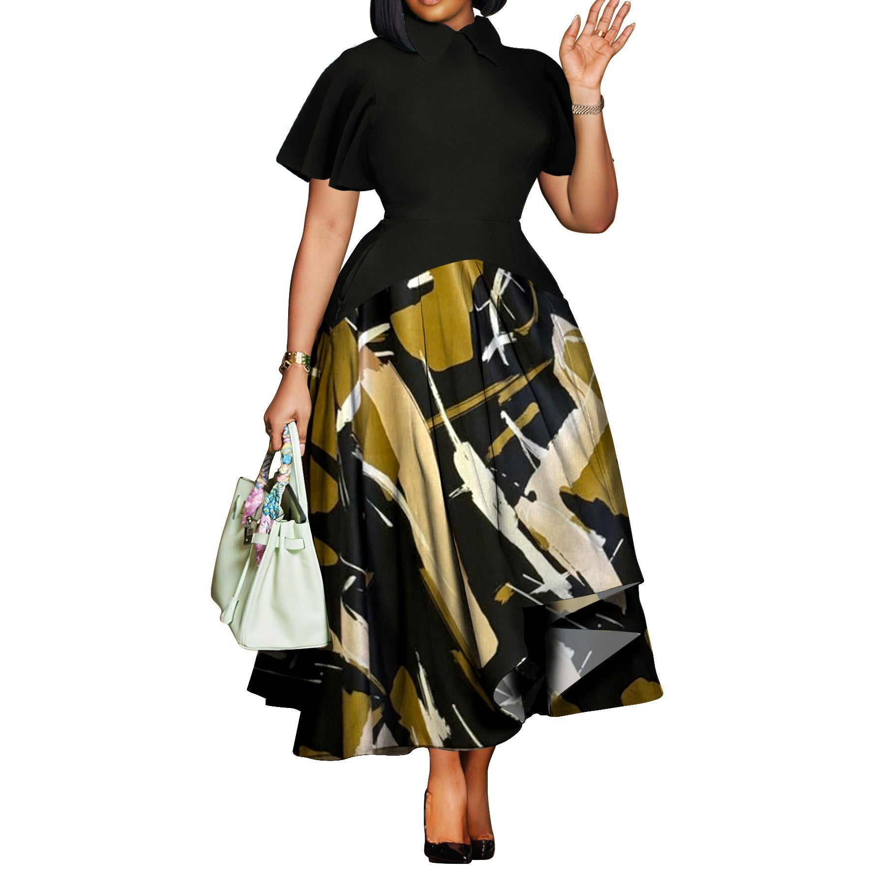 Plus Size Collared Ruffle Sleeve Swing Dress - Courbe et Compagnie