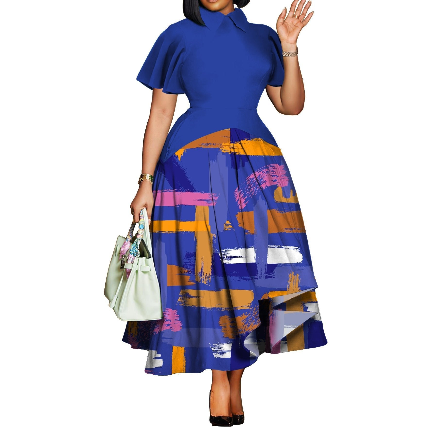 Plus Size Collared Ruffle Sleeve Swing Dress - Courbe et Compagnie