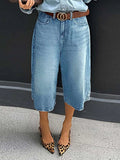 Plus Size Cropped Straight Leg Pants For Women With Button Details Polyester - Courbe et Compagnie