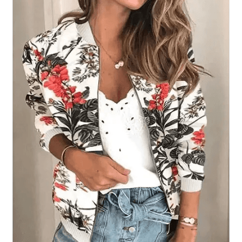 Plus Size Floral Print Bomber Jacket – Vintage-Inspired Zip-Up Outerwear - Courbe et Compagnie