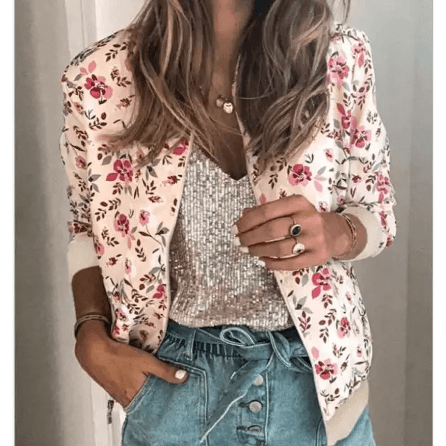 Plus Size Floral Print Bomber Jacket – Vintage-Inspired Zip-Up Outerwear - Courbe et Compagnie