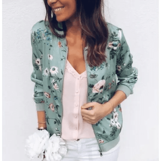 Plus Size Floral Print Bomber Jacket – Vintage-Inspired Zip-Up Outerwear - Courbe et Compagnie