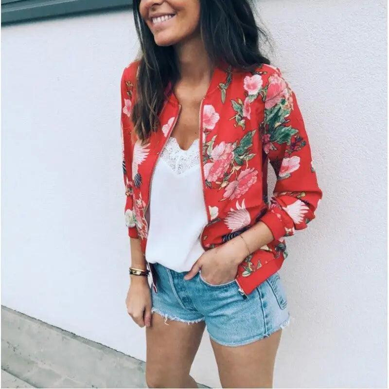 Plus Size Floral Print Bomber Jacket – Vintage-Inspired Zip-Up Outerwear - Courbe et Compagnie