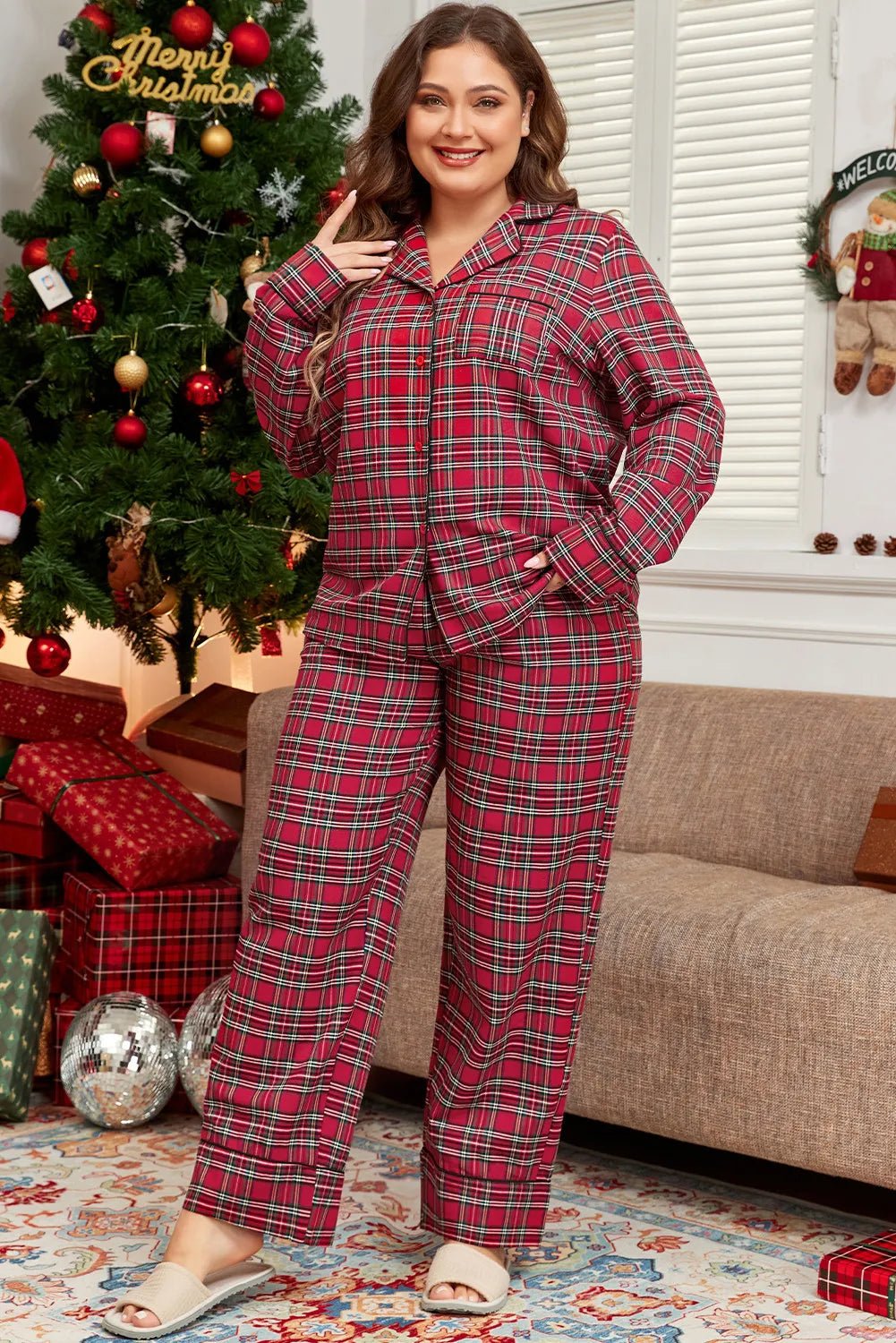 Plus Size Plaid Collared Neck Top and Pants Lounge Set - Courbe et Compagnie