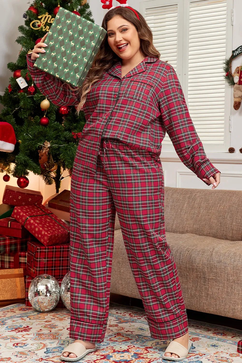 Plus Size Plaid Collared Neck Top and Pants Lounge Set - Courbe et Compagnie