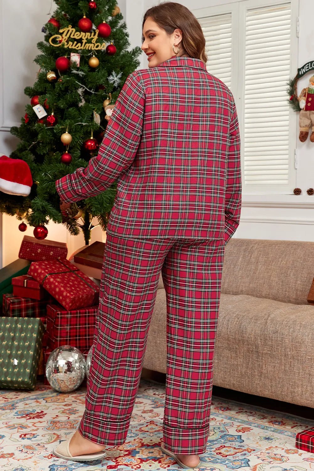 Plus Size Plaid Collared Neck Top and Pants Lounge Set - Courbe et Compagnie