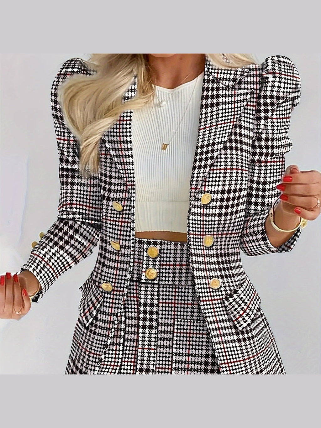 Plus Size Plaid Skirt Suit for Women – Two-Piece Blazer and High Waist Skirt Set - Courbe et Compagnie