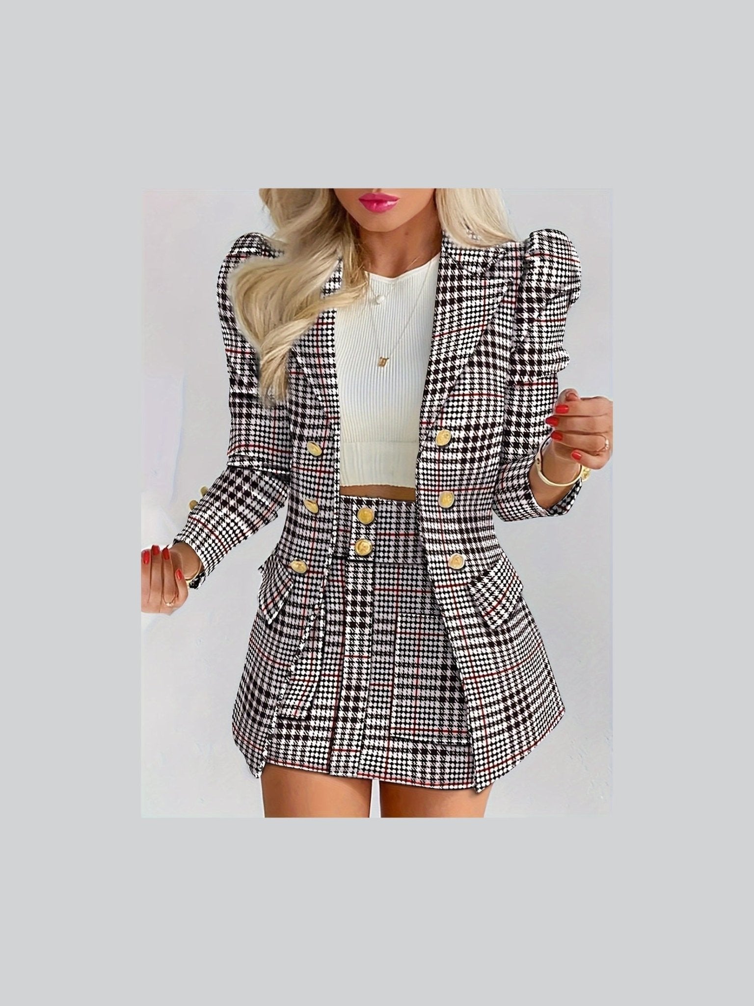Plus Size Plaid Skirt Suit for Women – Two-Piece Blazer and High Waist Skirt Set - Courbe et Compagnie