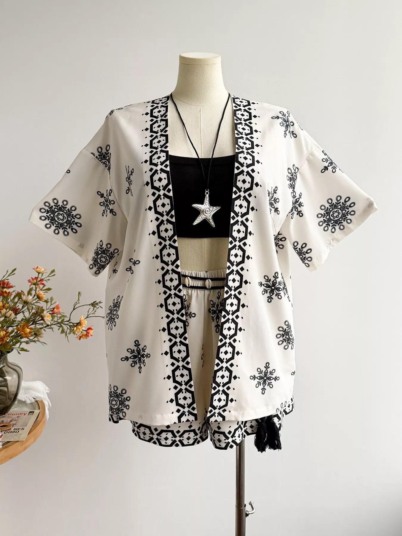 Plus Size Printed Open Front Cardigan and Shorts Set - Courbe et Compagnie