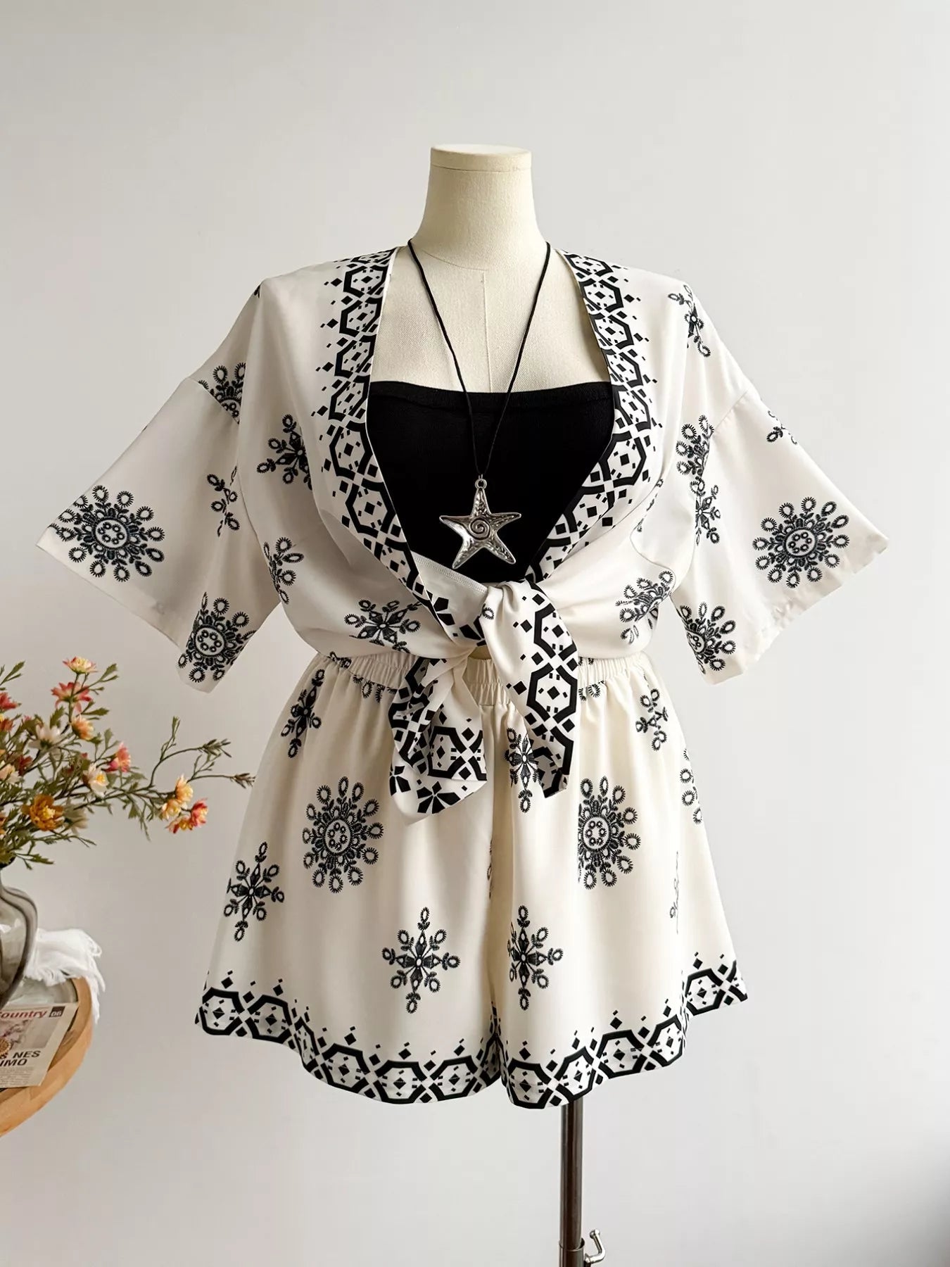 Plus Size Printed Open Front Cardigan and Shorts Set - Courbe et Compagnie