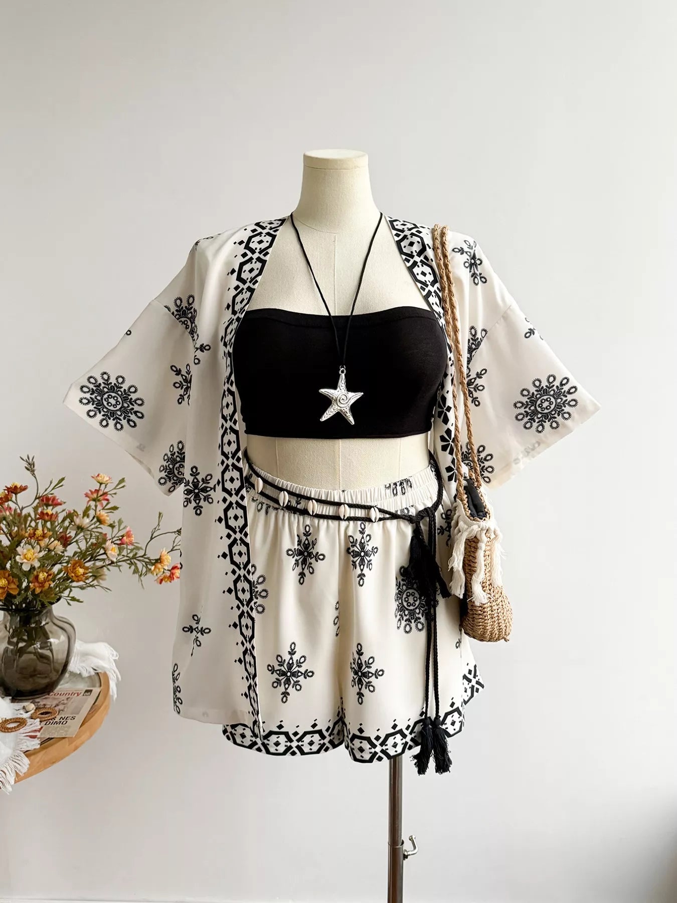 Plus Size Printed Open Front Cardigan and Shorts Set - Courbe et Compagnie