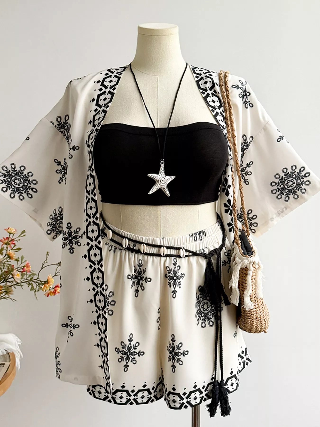 Plus Size Printed Open Front Cardigan and Shorts Set - Courbe et Compagnie