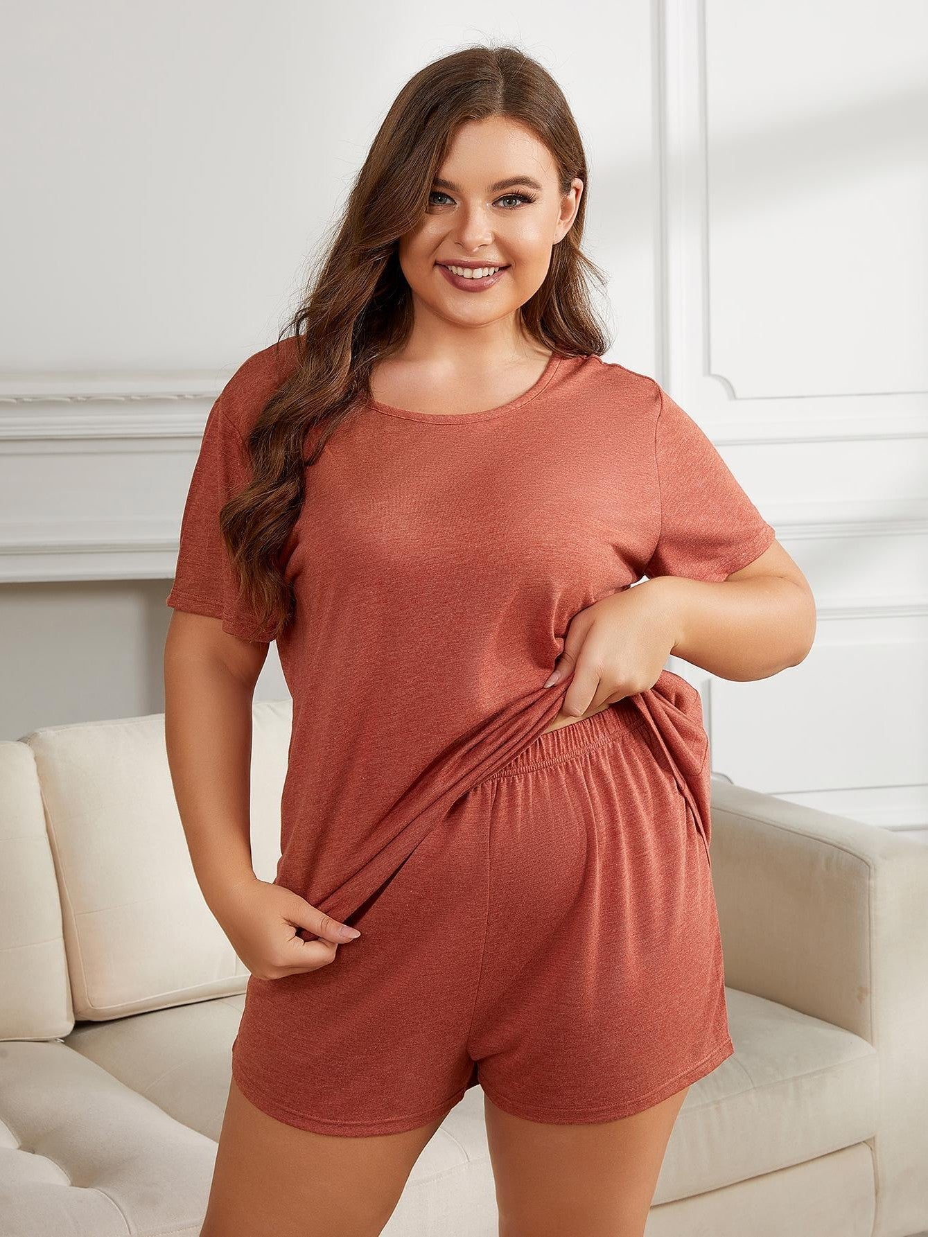 Plus Size Round Neck Short Sleeve Two-Piece Loungewear Set - Courbe et Compagnie