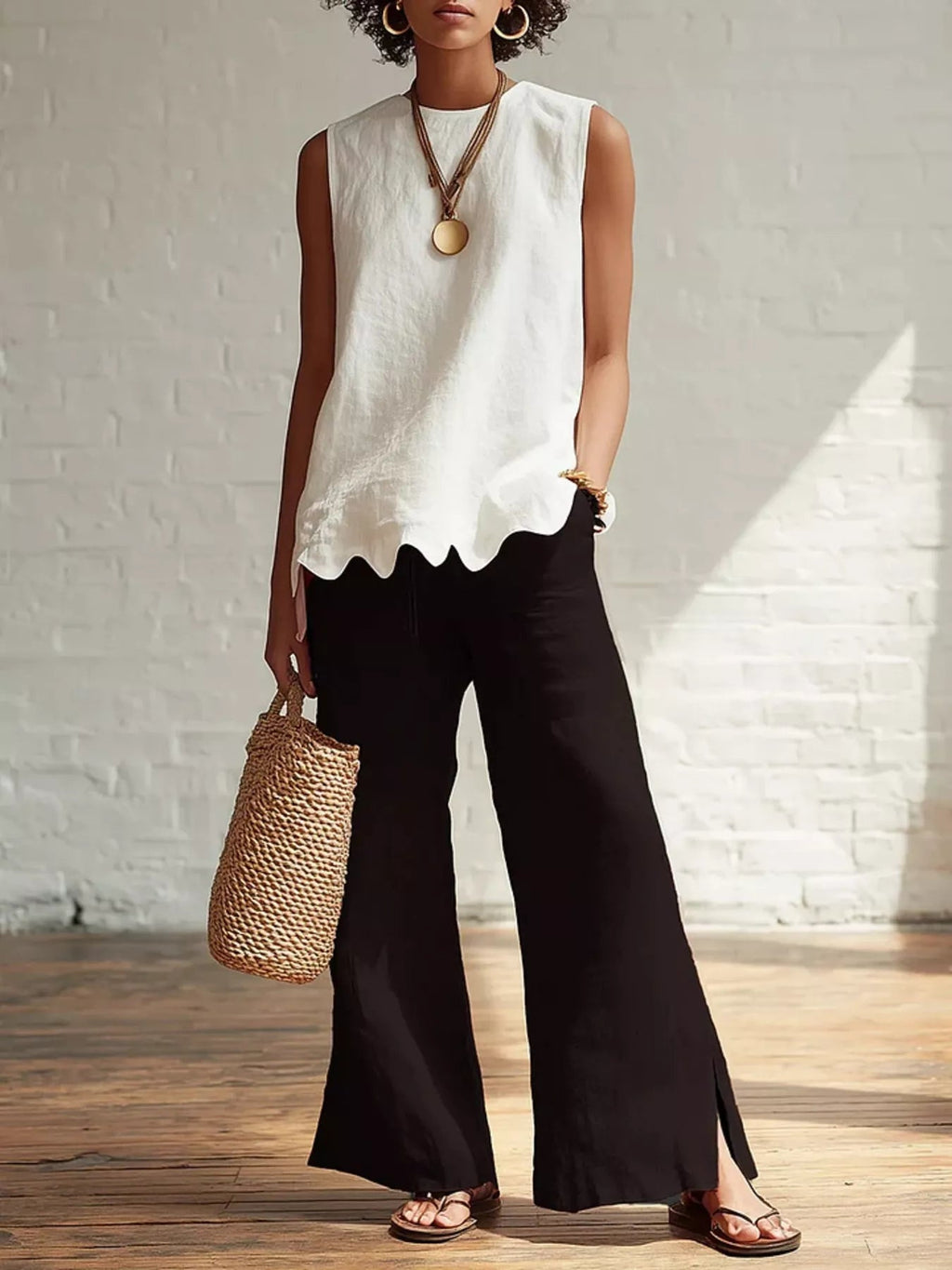 Plus Size Scalloped Hem Sleeveless Tank Top Buttoned Ruffled Polyester - Courbe et Compagnie