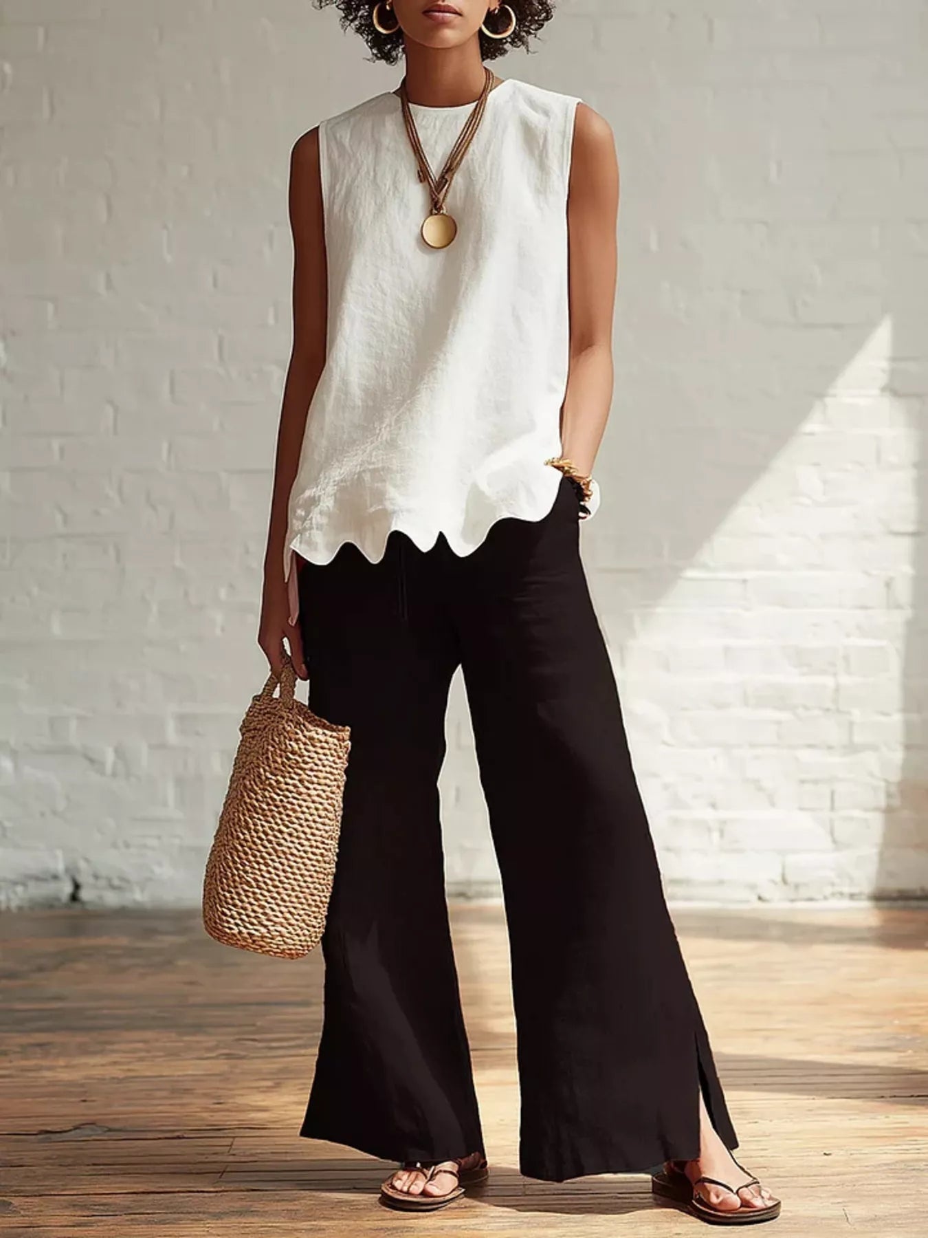 Plus Size Scalloped Hem Sleeveless Tank Top Buttoned Ruffled Polyester - Courbe et Compagnie