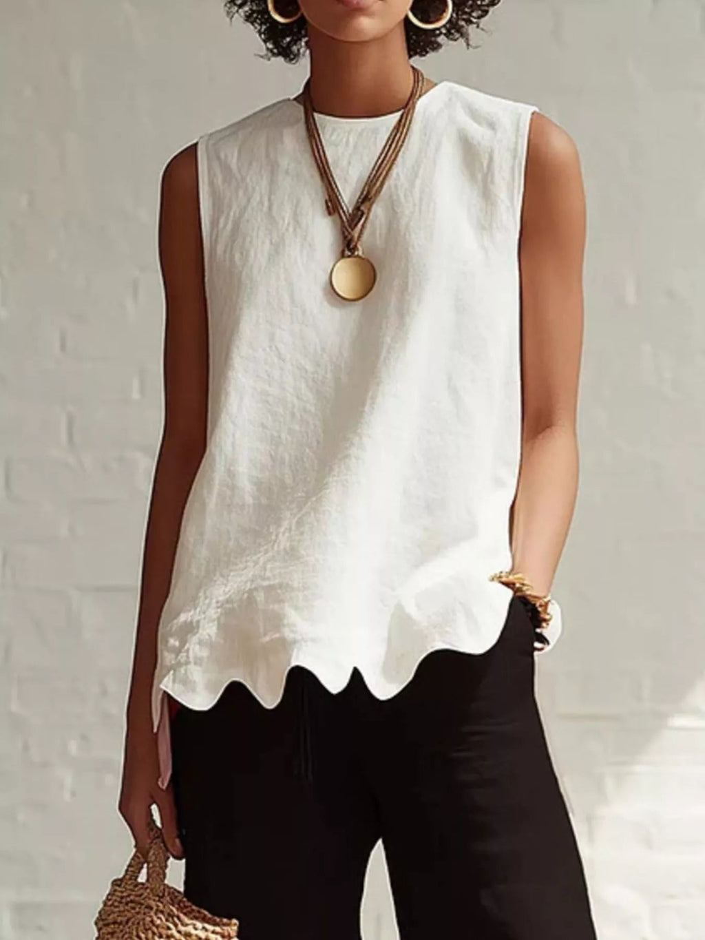 Plus Size Scalloped Hem Sleeveless Tank Top Buttoned Ruffled Polyester - Courbe et Compagnie