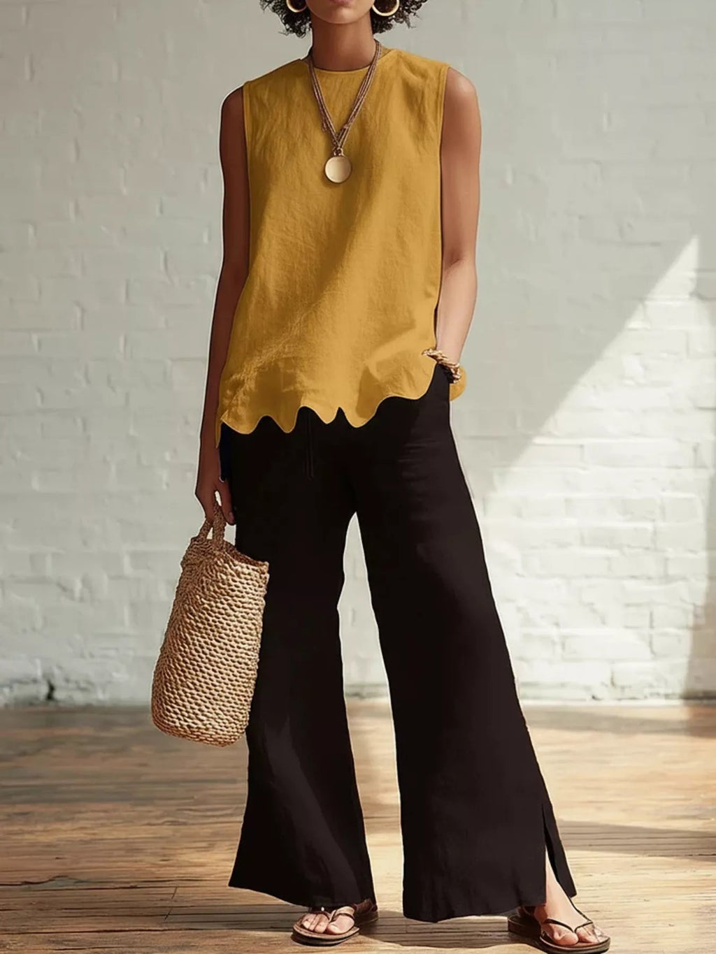 Plus Size Scalloped Hem Sleeveless Tank Top Buttoned Ruffled Polyester - Courbe et Compagnie
