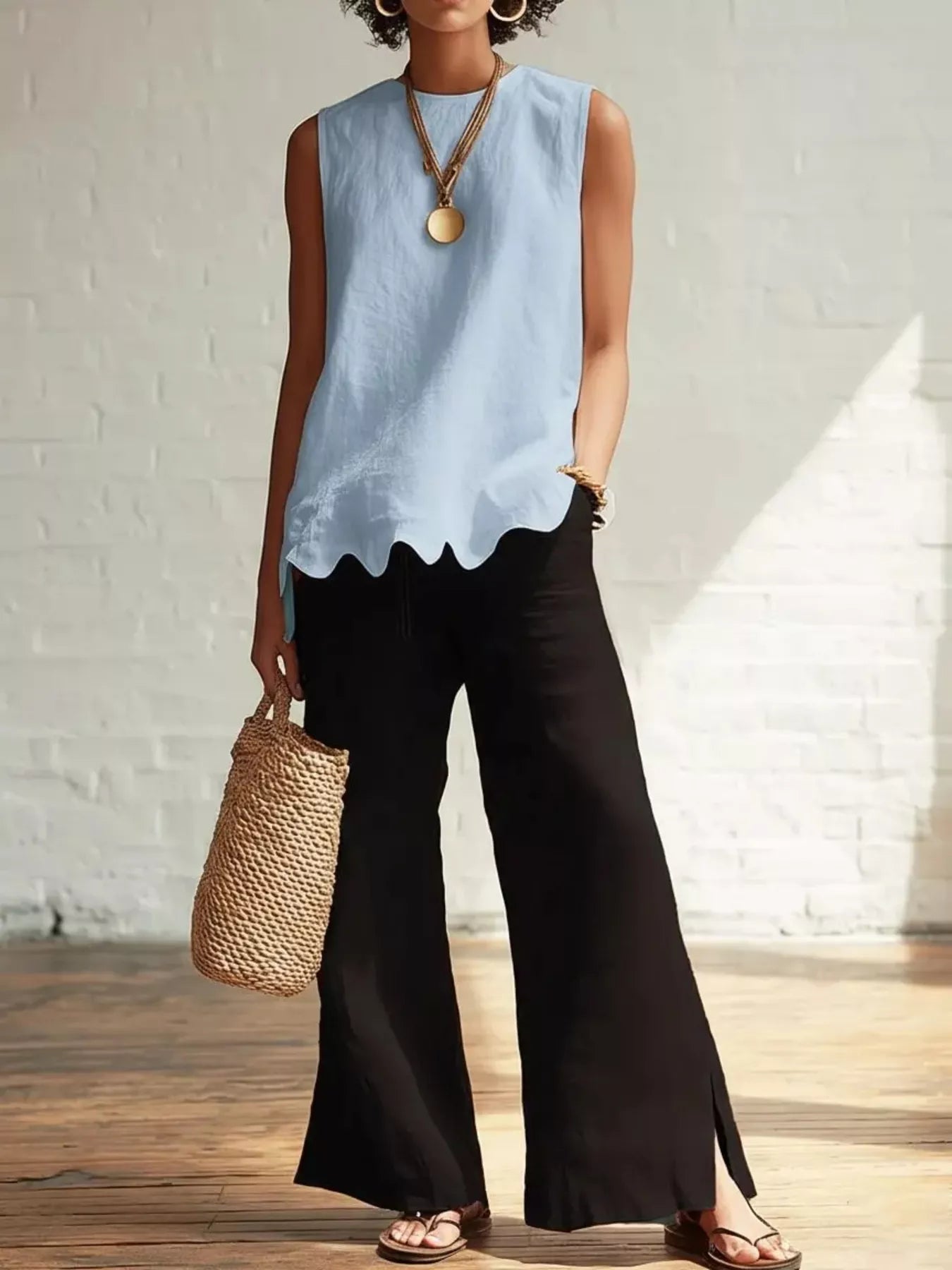 Plus Size Scalloped Hem Sleeveless Tank Top Buttoned Ruffled Polyester - Courbe et Compagnie