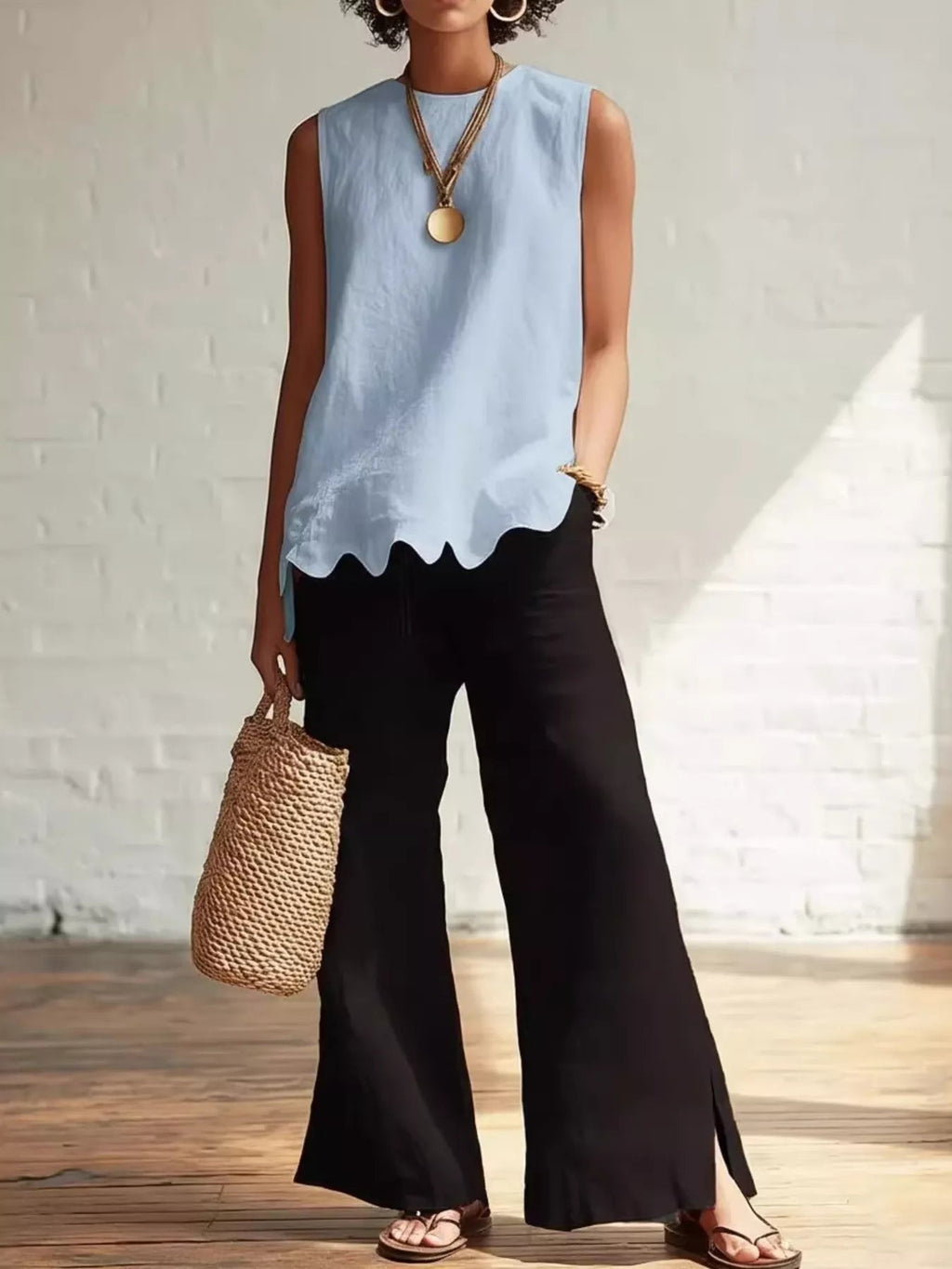 Plus Size Scalloped Hem Sleeveless Tank Top Buttoned Ruffled Polyester - Courbe et Compagnie