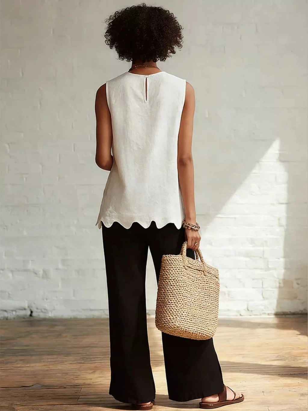 Plus Size Scalloped Hem Sleeveless Tank Top Buttoned Ruffled Polyester - Courbe et Compagnie