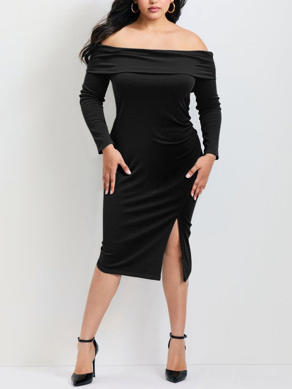 Plus Size Strapless Long Sleeve Knitted Sheath Dress — Black - Courbe et Compagnie