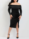Plus Size Strapless Long Sleeve Knitted Sheath Dress — Black - Courbe et Compagnie