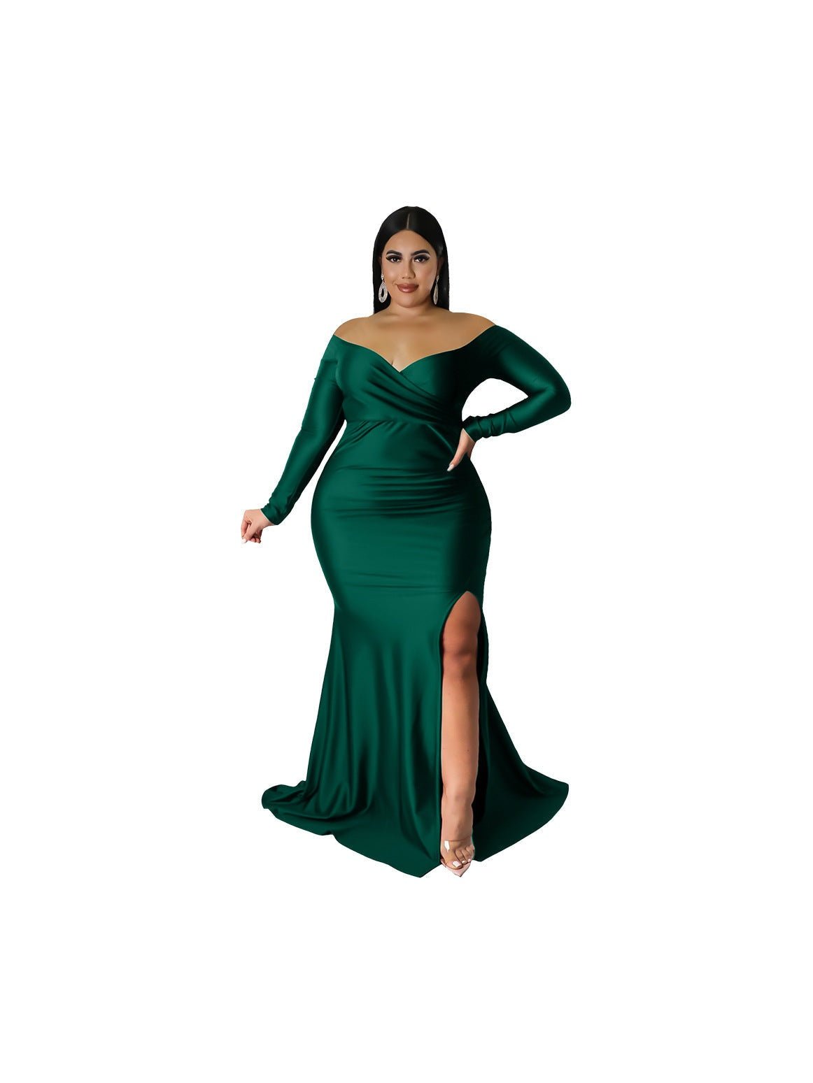 Plus Size V-Neck Long Sleeve Split Maxi Dress — 5 Colors - Courbe et Compagnie